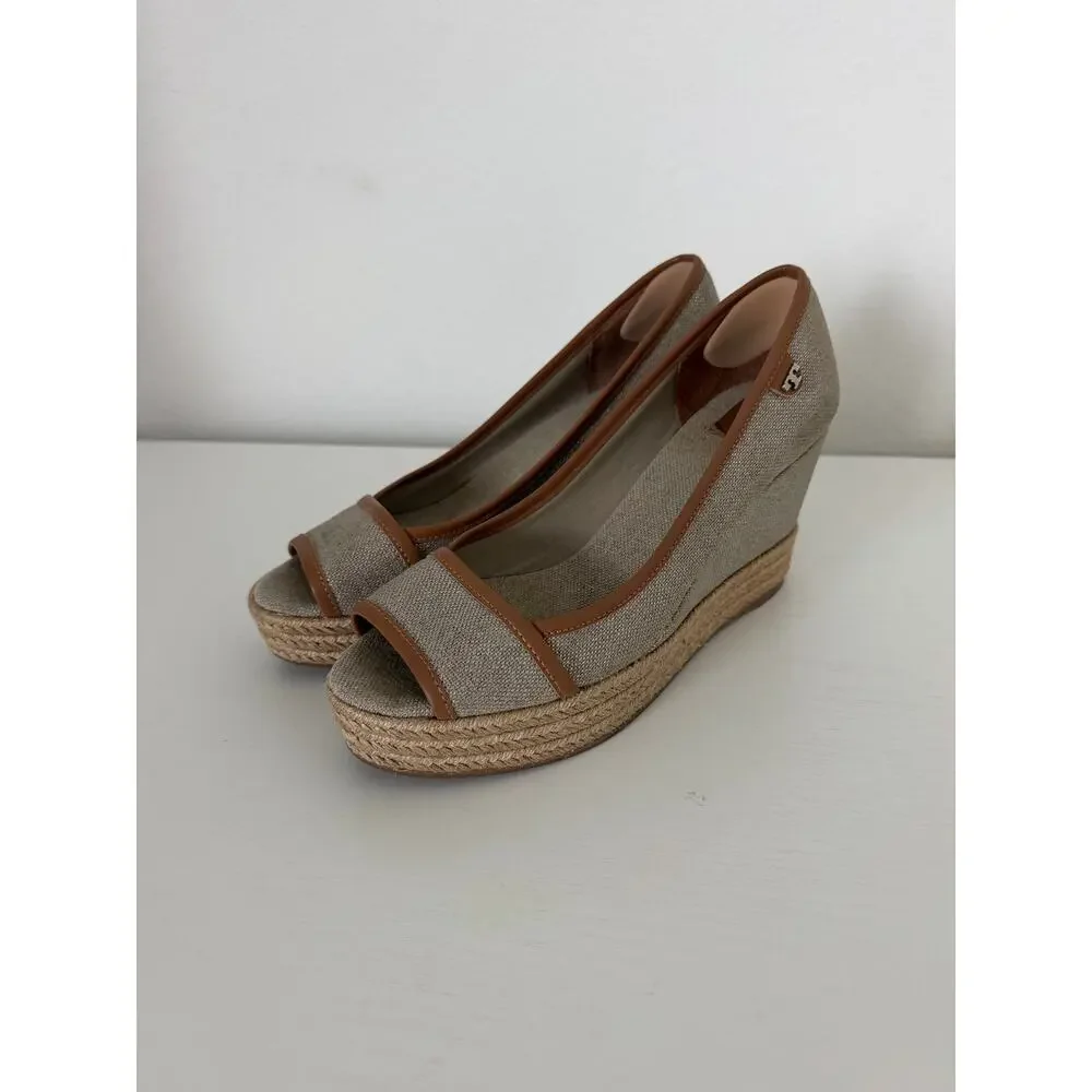 Tory Burch Womens Majorca Espadrille Wedges Neutral Canvas Leather Size 38/7-7.5